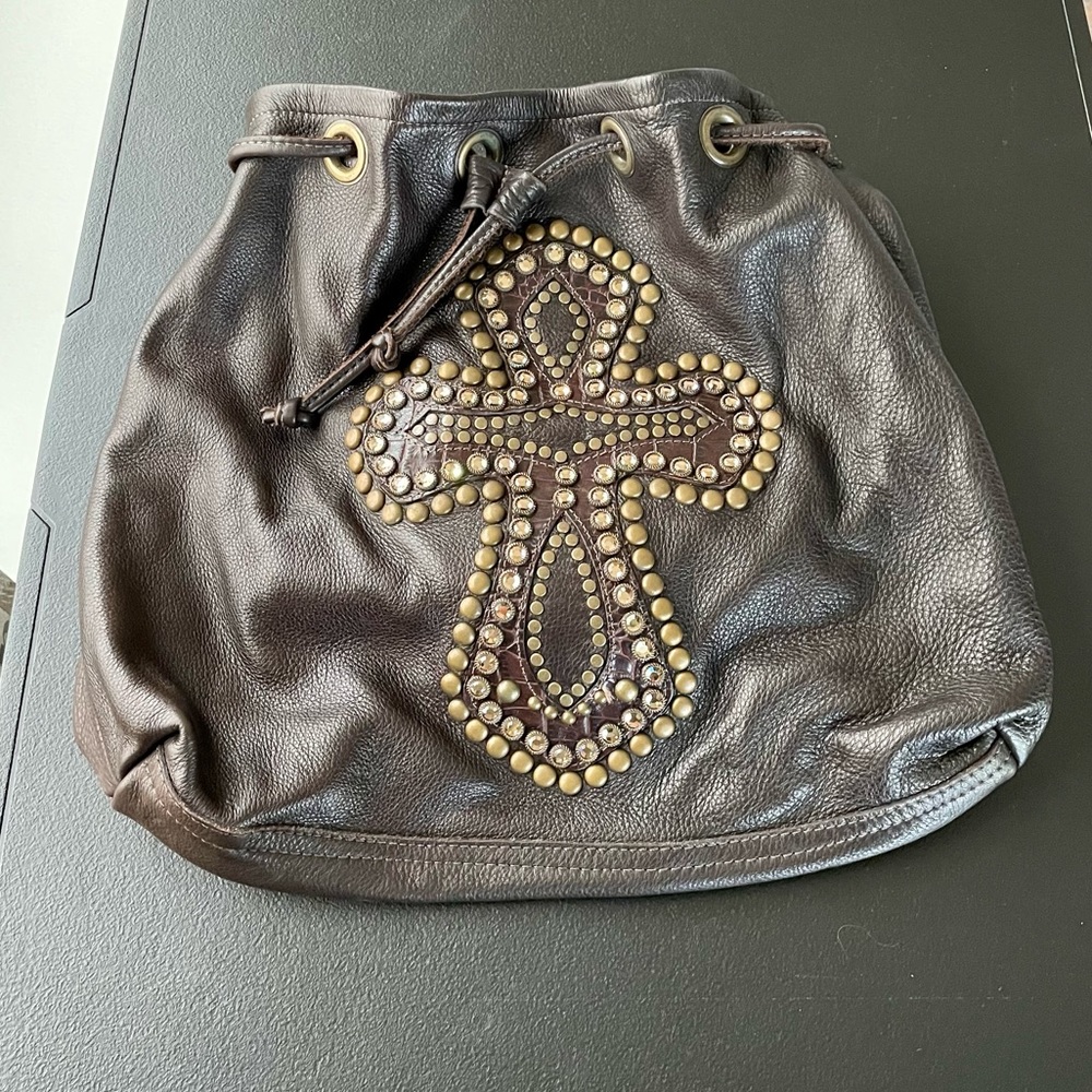 Vintage Leatherock USA Cross Rhinestone Embellished Brown Leather Cinch Purse
